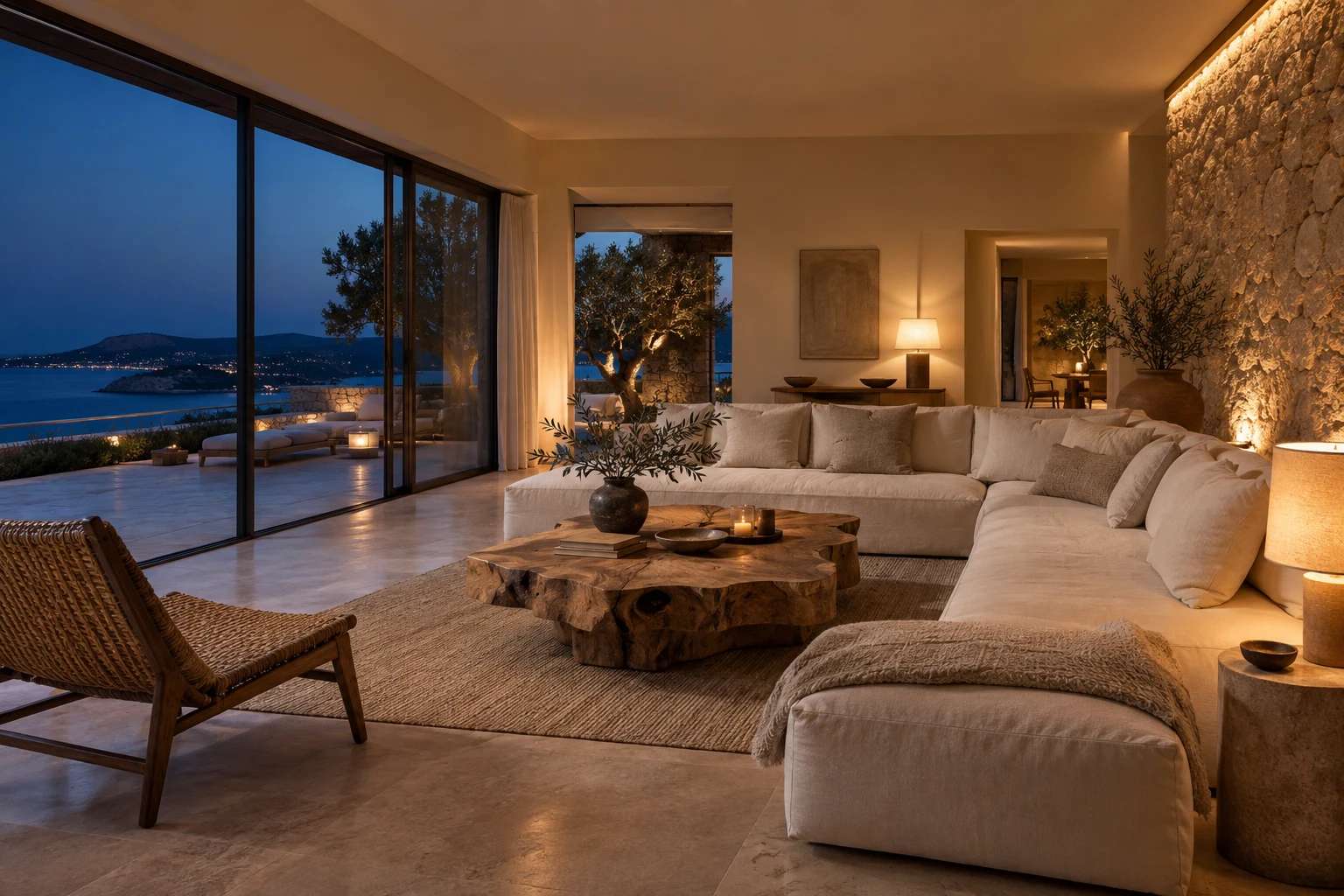 Interior de inspiración mediterránea, con materiales naturales y luz cálida